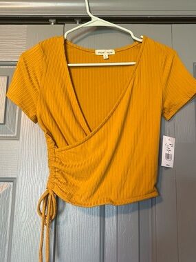 Moa Moa Mustard Ribbed Wrap Crop Top with Side Tie